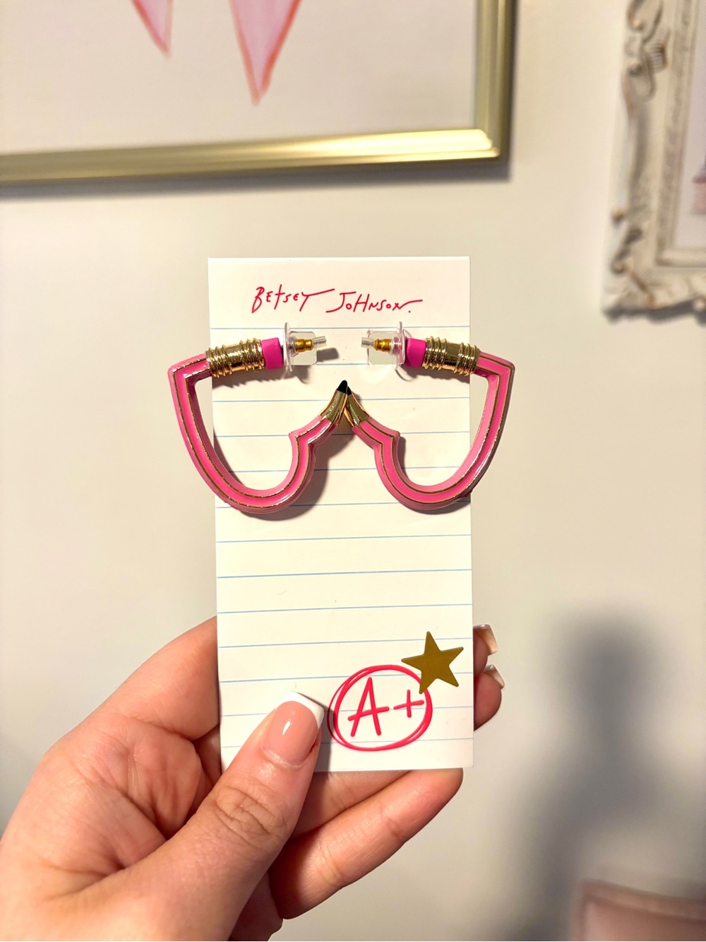 NWT ✨ Betsey Johnson Hot Pink Pencil Gold-Trim Heart Hoop Earrings